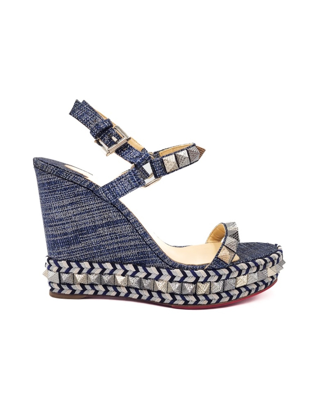 Christian Louboutin Metallic Denim Navy Silver Espadrille Platform Sandals EU 39